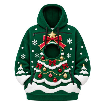 Pet Carrier Christmas Hoodie with a small pet peeking out of the front pouch