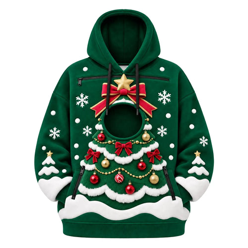 Pet Carrier Christmas Hoodie with a small pet peeking out of the front pouch