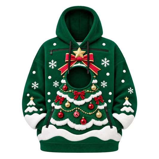 Pet Carrier Christmas Hoodie with a small pet peeking out of the front pouch
