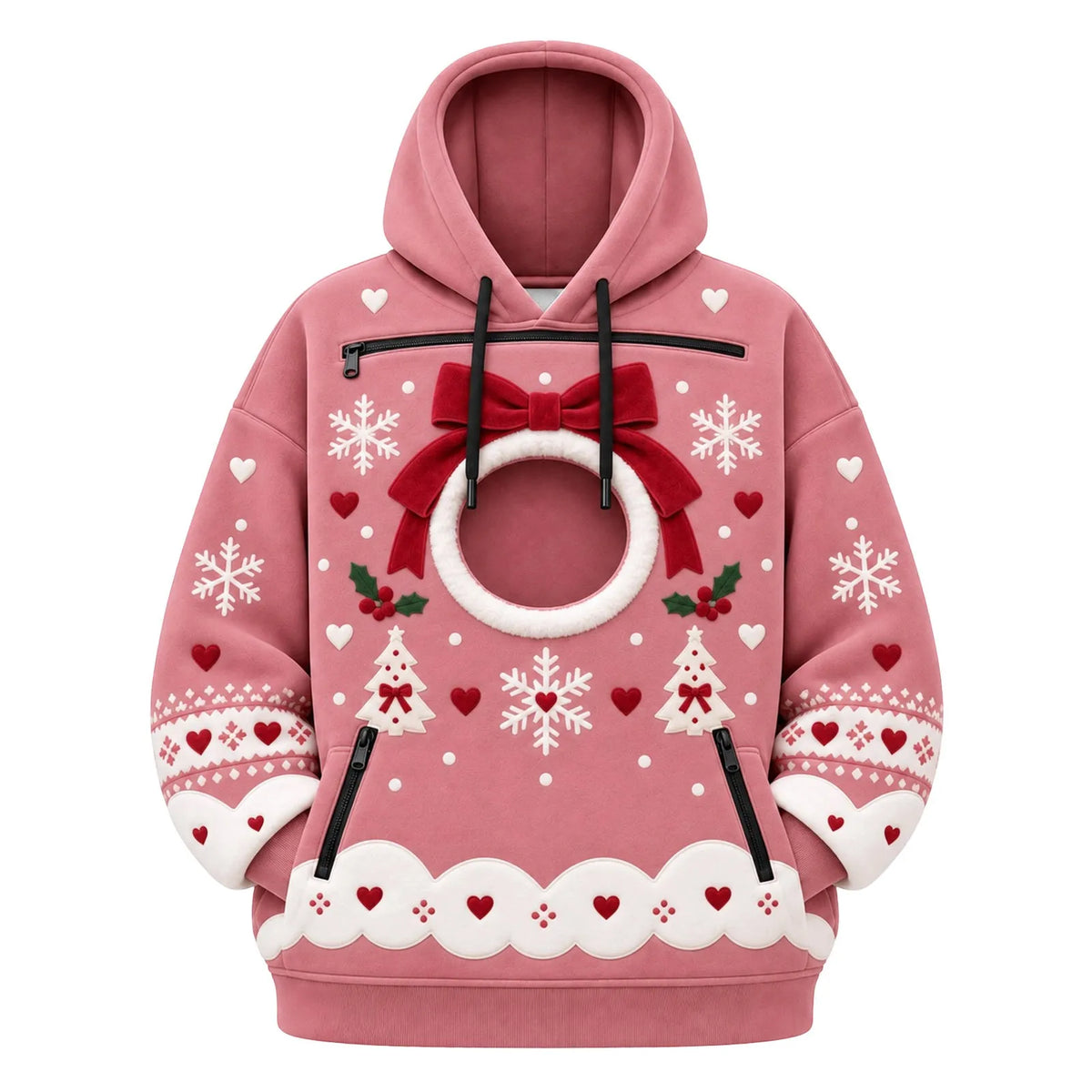 Pet Carrier Christmas Hoodie front pouch detail for carrying small dogs and cats